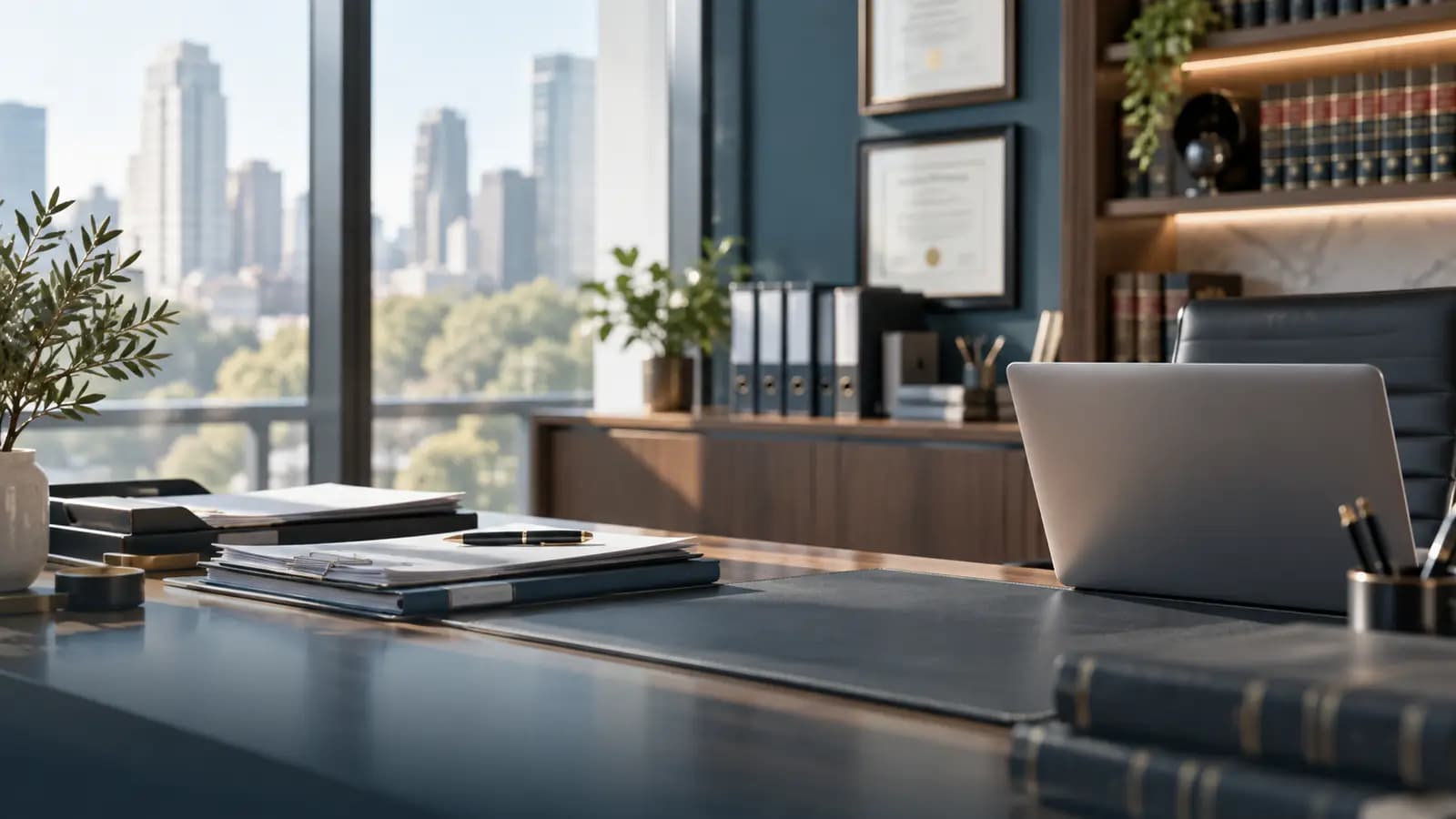A quiet law office with bound case files and a desk by the window