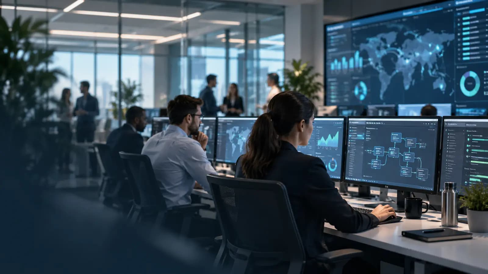 An operations floor where teams work across live dashboards