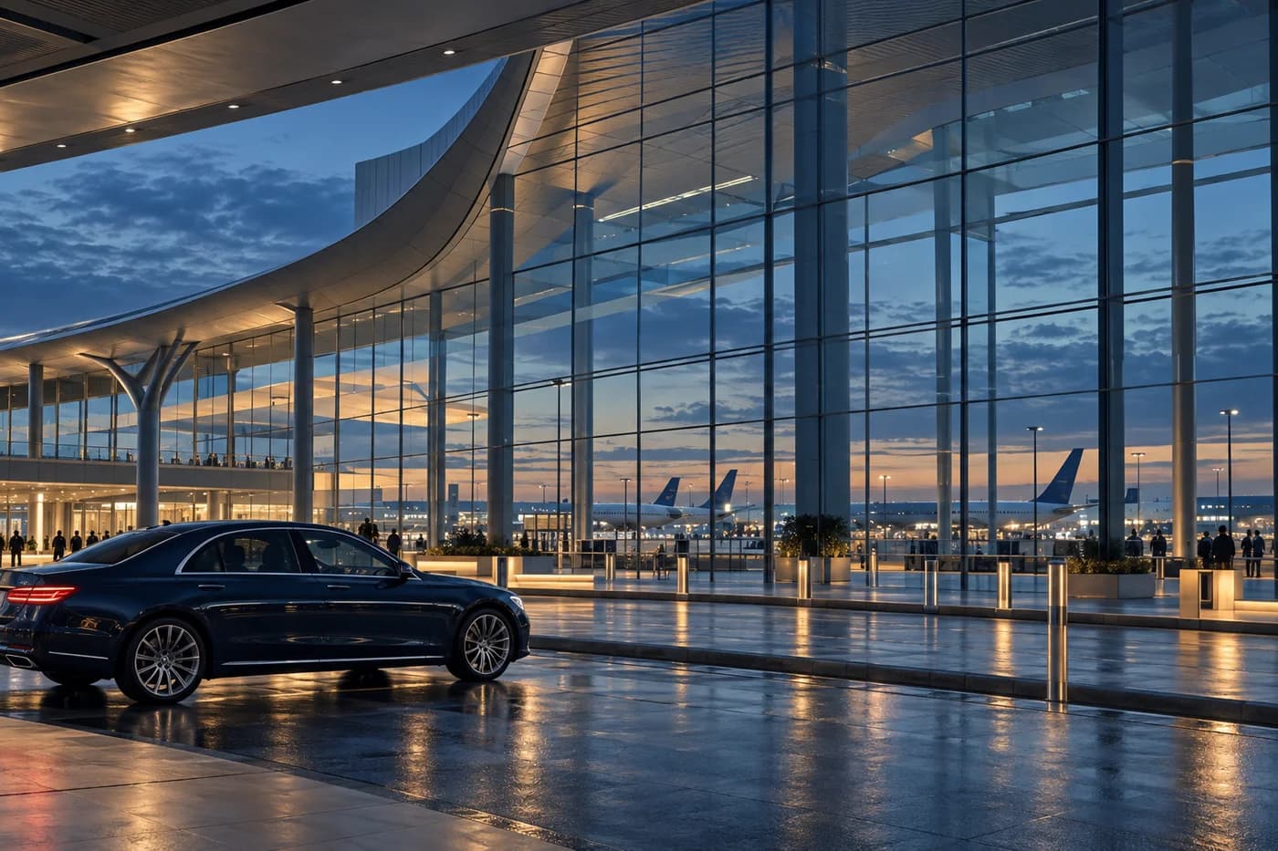 Illustrazione di settore di un terminal aeroportuale e di un’auto da transfer executive al tramonto