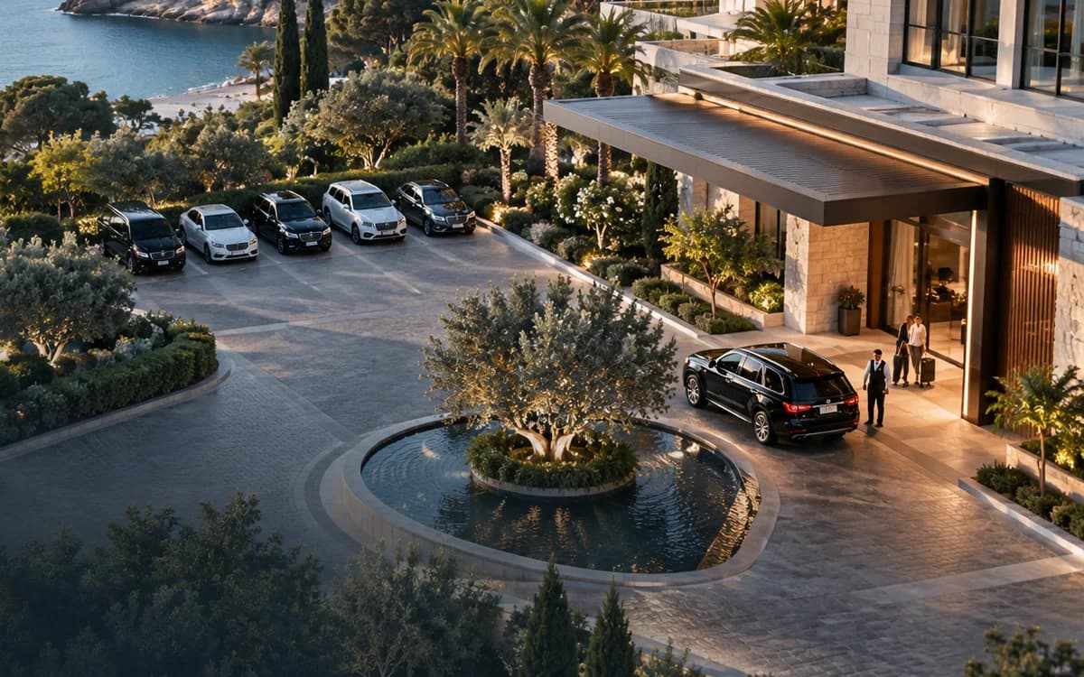A chauffeur meeting arriving guests at a seaside resort entrance, with the fleet parked along the drive