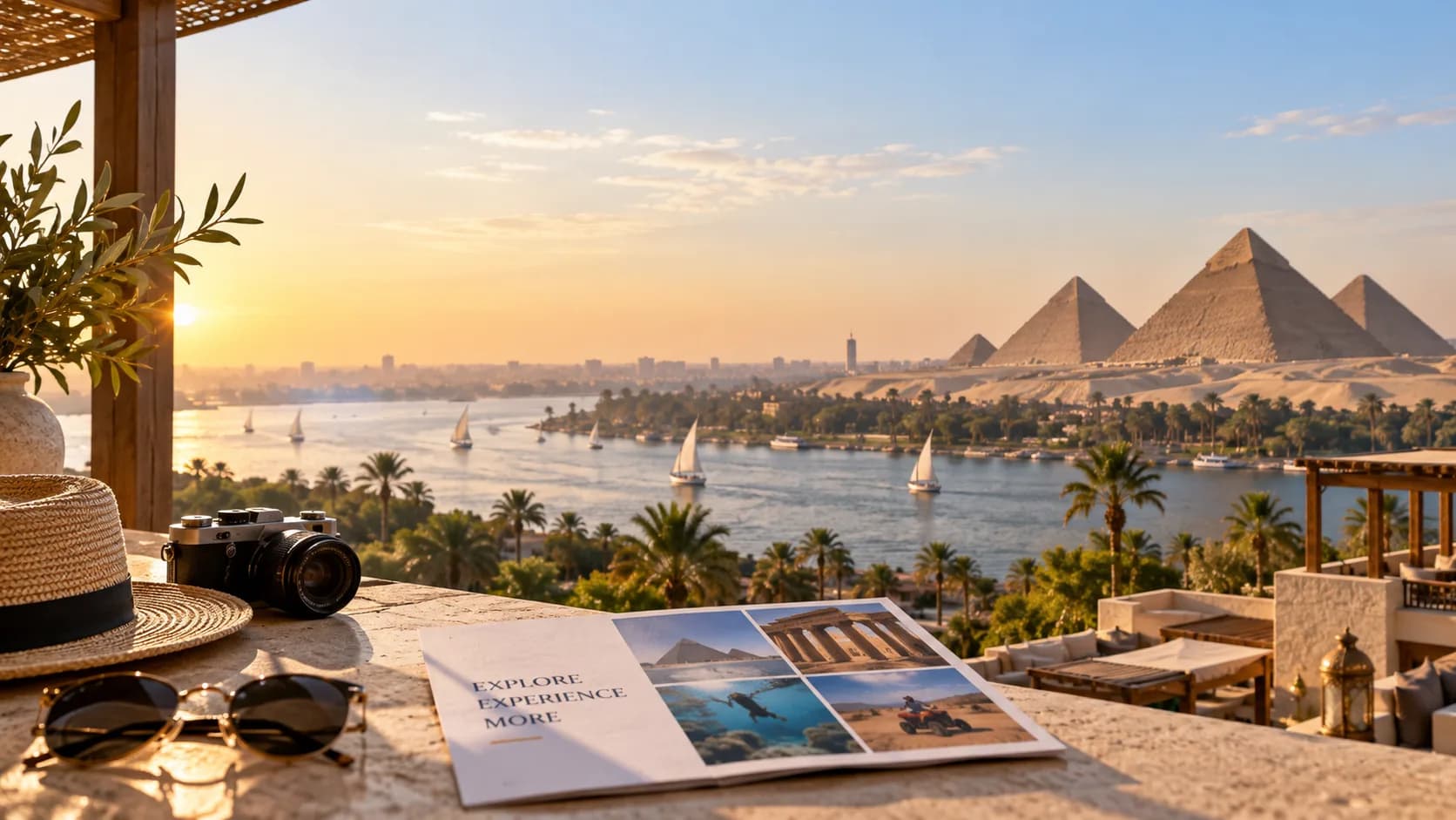 A view over the Nile to the Giza pyramids at golden hour, with a camera and a tour brochure on the terrace