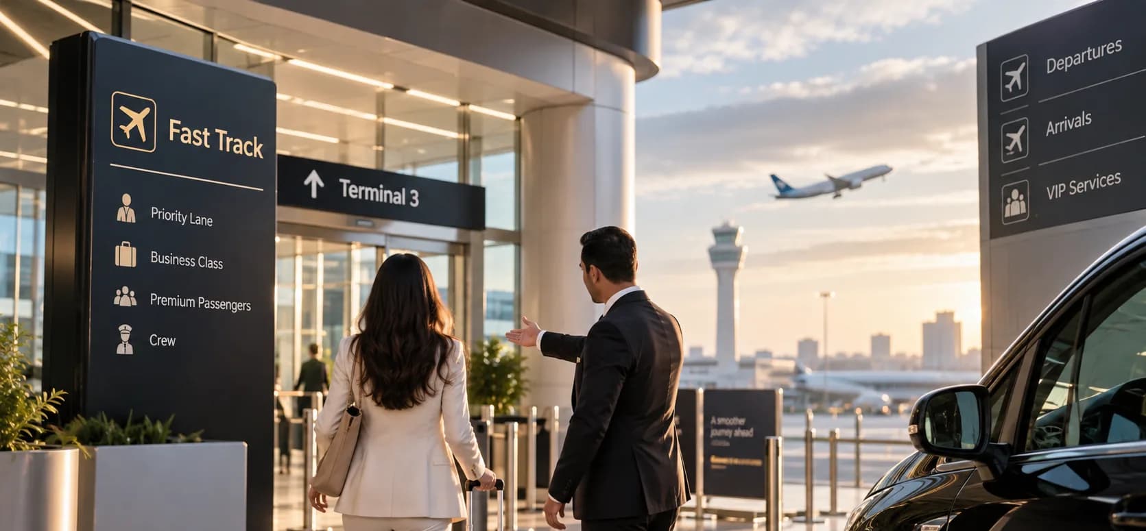 Ein Meet-and-Assist-Mitarbeiter führt einen Reisenden im Terminal zur Fast-Track-Spur