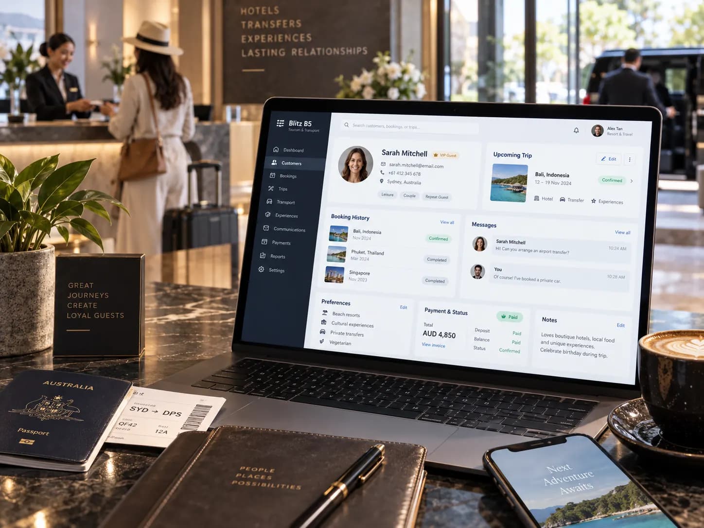 A client profile linking conversations, documents, payments and upcoming tasks in one view