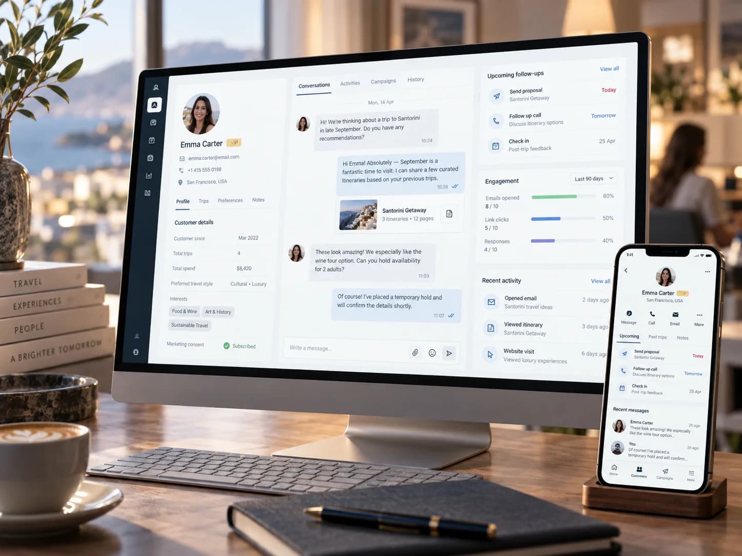 A customer profile with the client's conversation, follow-ups and engagement history on desktop and phone