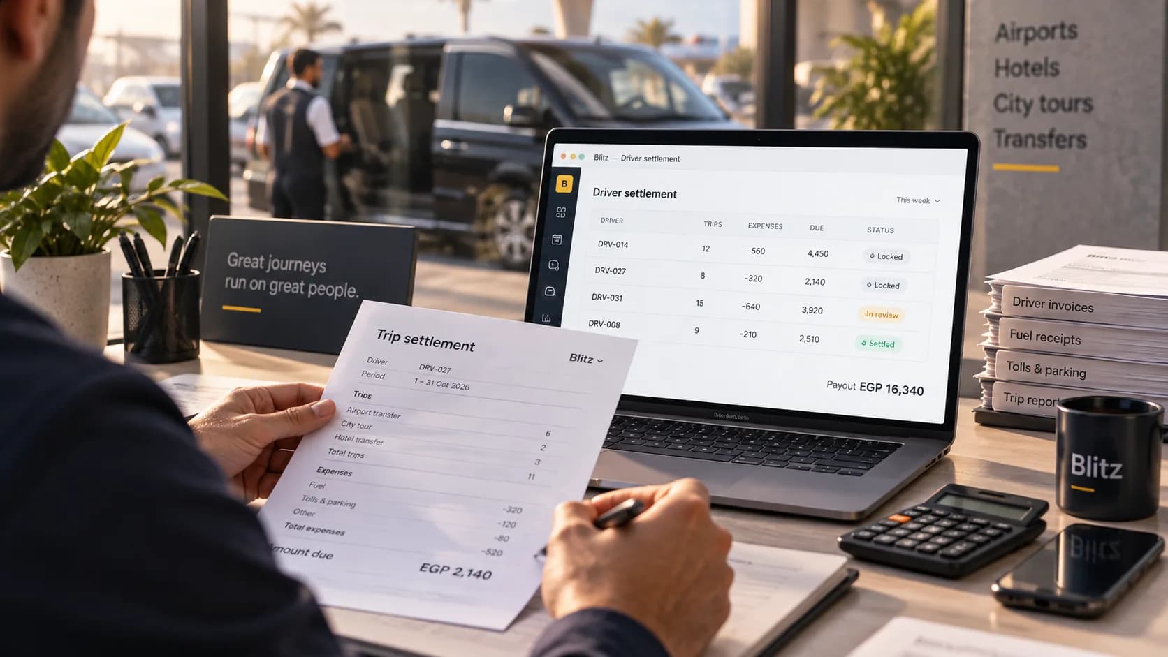 A manager checking a driver's trip settlement against the payout screen