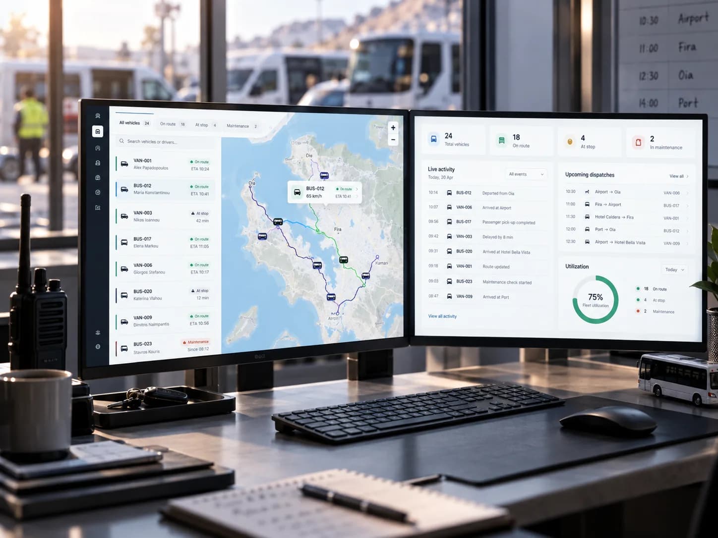 A fleet operations screen with vehicles on a live route map and the day's upcoming dispatches