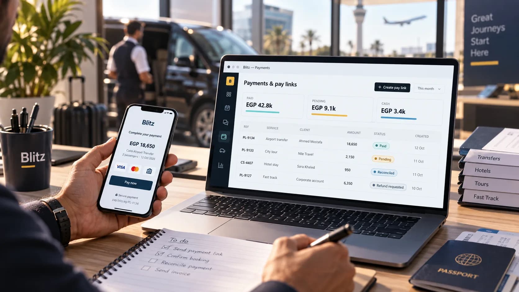 A finance desk with the payments screen open and a to-do list to send the invoice and reconcile the payment