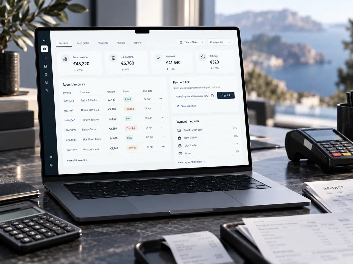 A finance screen with invoices, payment status and a shareable payment link, beside a card terminal