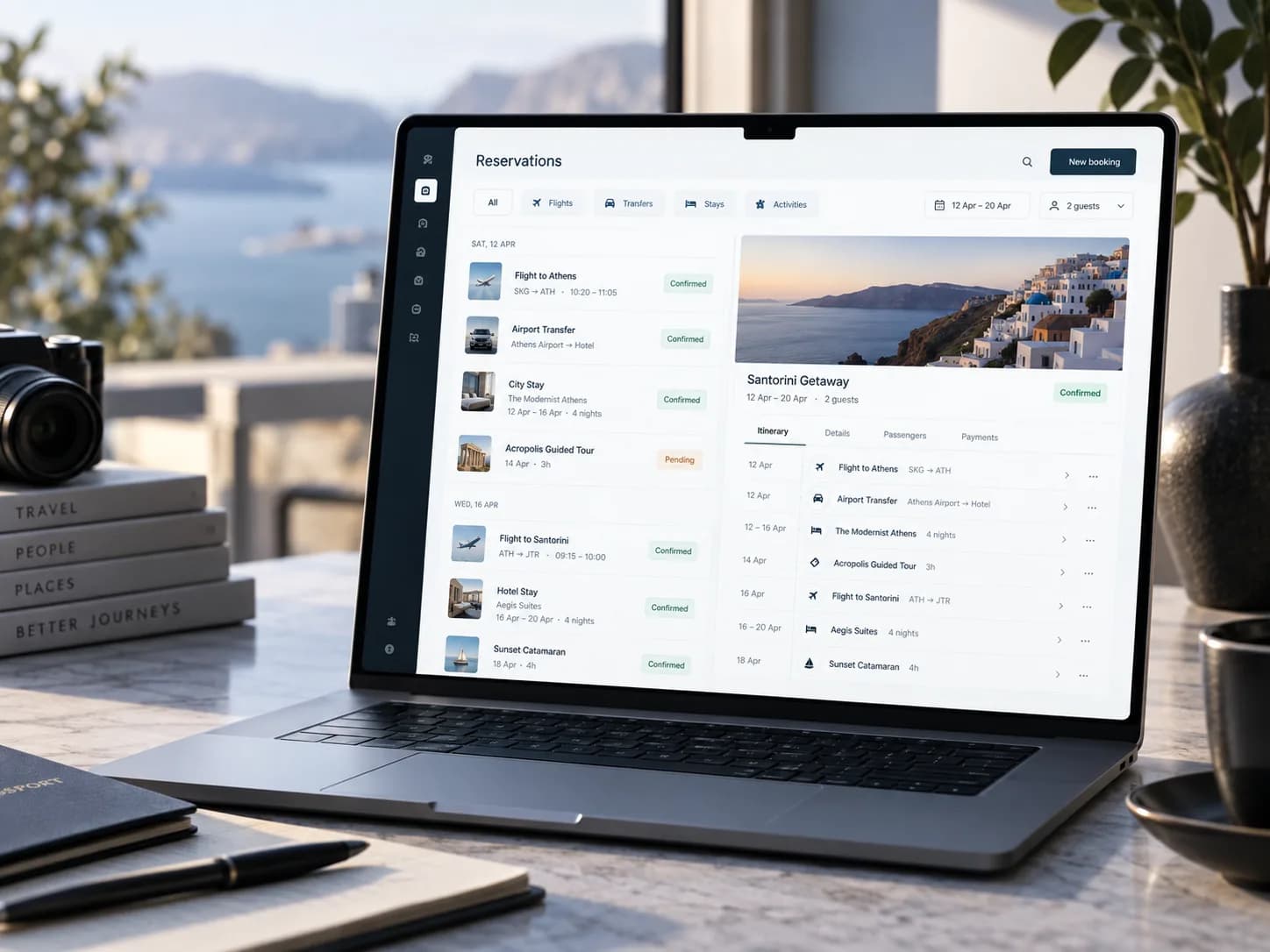 A reservations screen listing a client's transfers, stays and activities as one itinerary