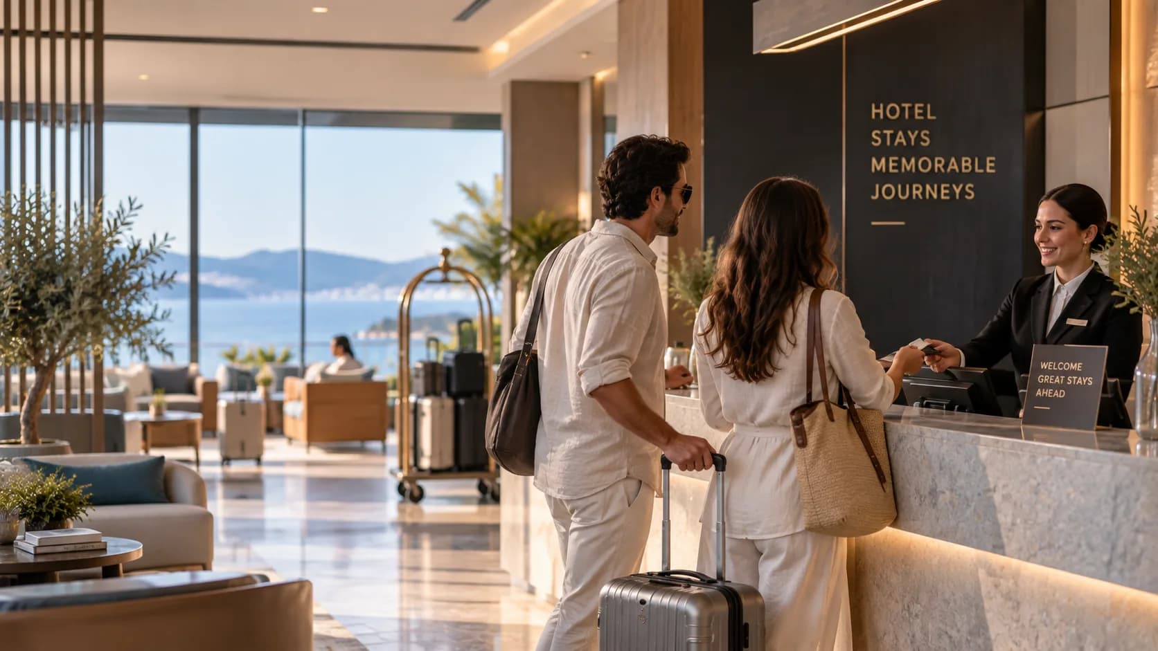 Gäste mit Gepäck checken an der Rezeption eines Hotels am Meer ein