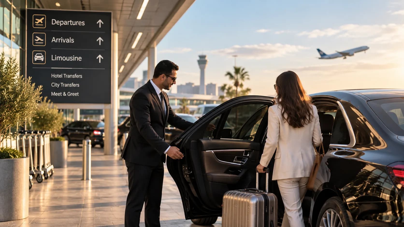 Ein Chauffeur öffnet einem Reisenden an der Limousinen-Vorfahrt eines Flughafens die Autotür