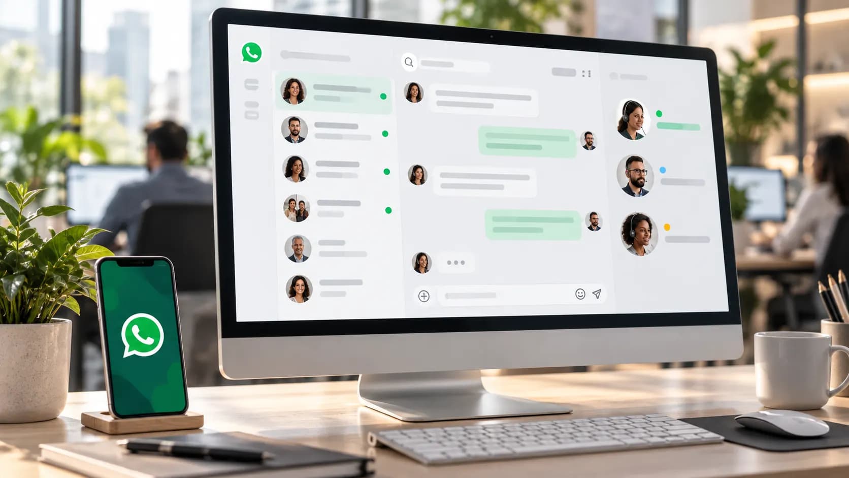 WhatsApp chats from several customers routed through one shared inbox to the right agents