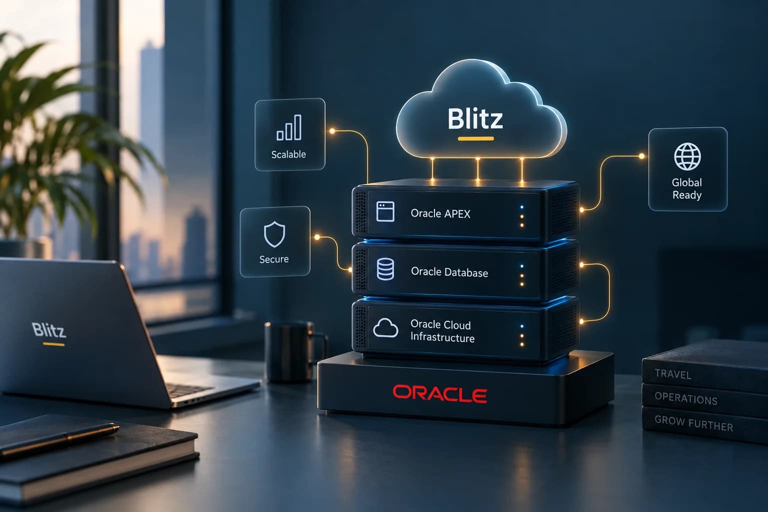 Blitz running on Oracle APEX, Oracle Database and Oracle Cloud Infrastructure, shown as a layered stack