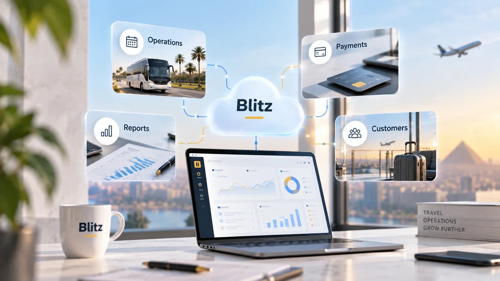 Blitz connecting operations, payments, reports and customers, beside a laptop showing the day's dashboard