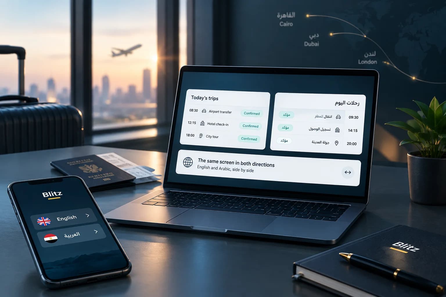 The same trips screen in English and Arabic side by side on a laptop, with a language switch on the phone