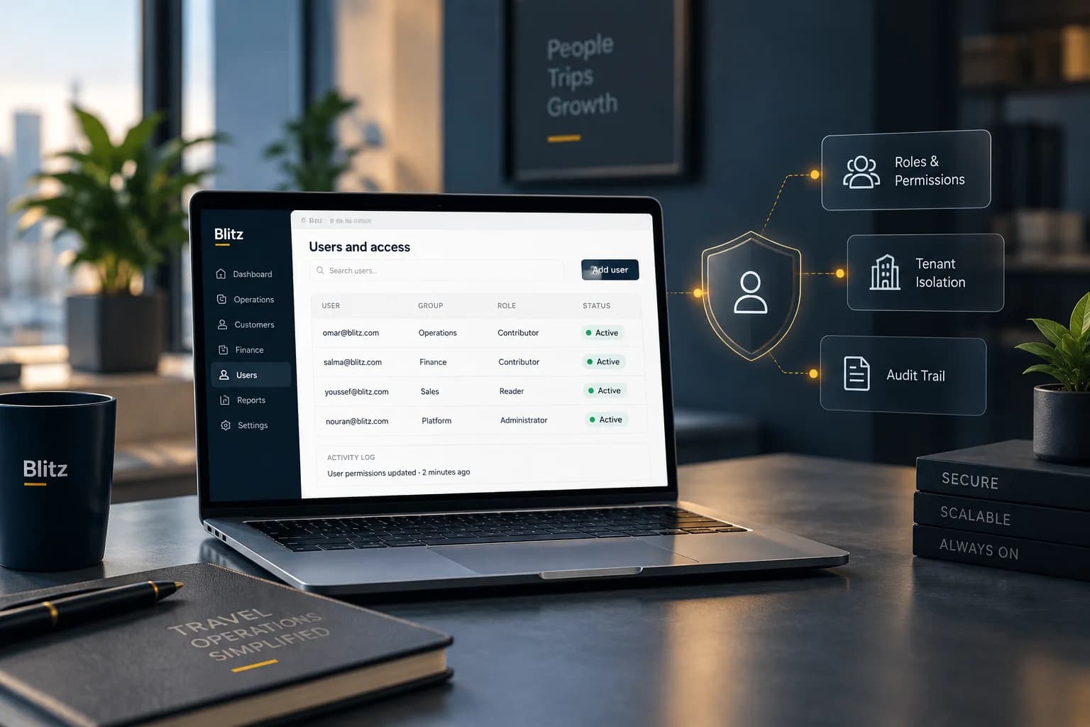 A users and access screen on a laptop, with roles and permissions, tenant isolation and an audit trail