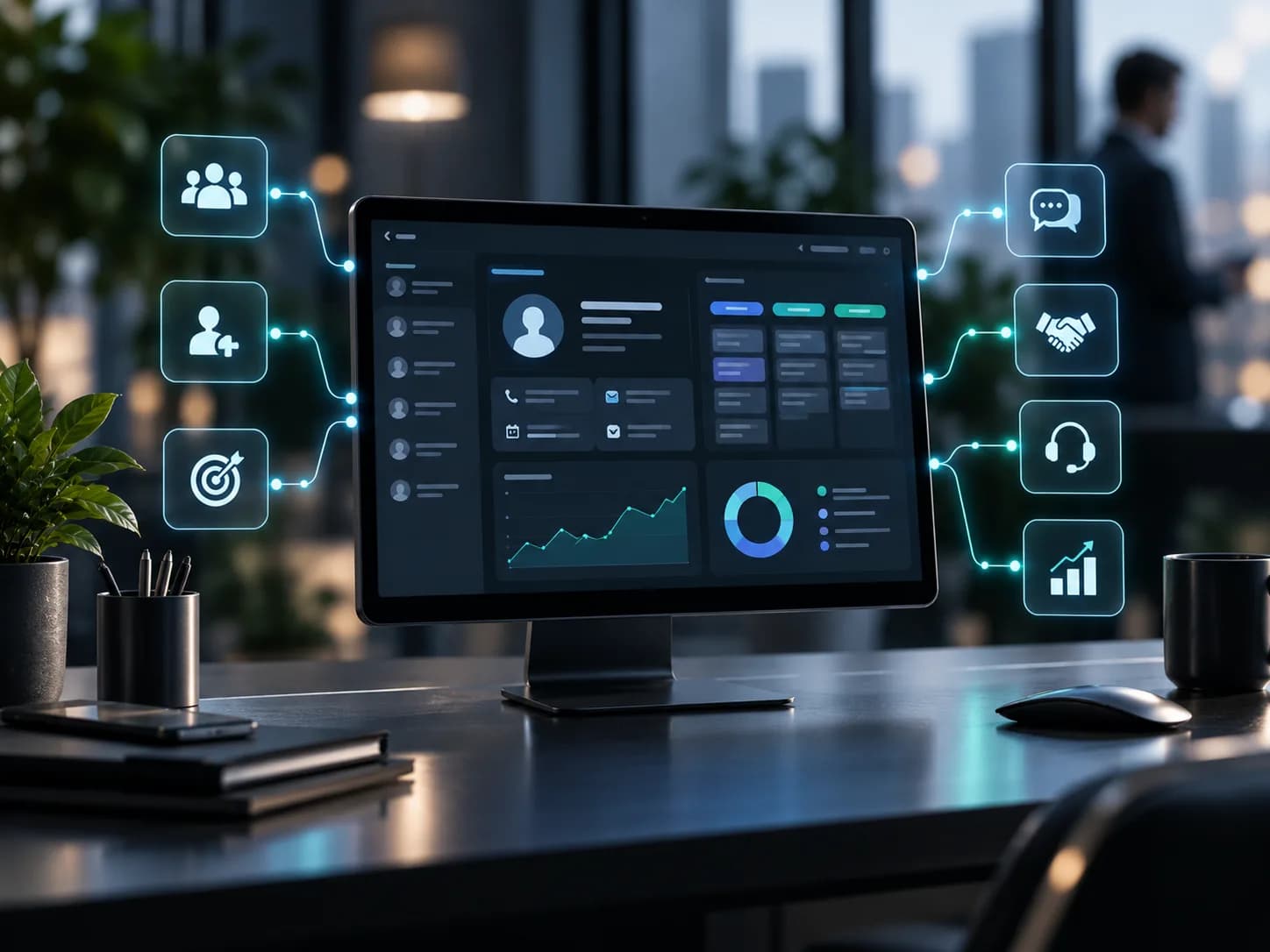 Una schermata CRM con profili clienti, conversazioni e fasi della pipeline, collegata ad assistenza, trattative e follow-up