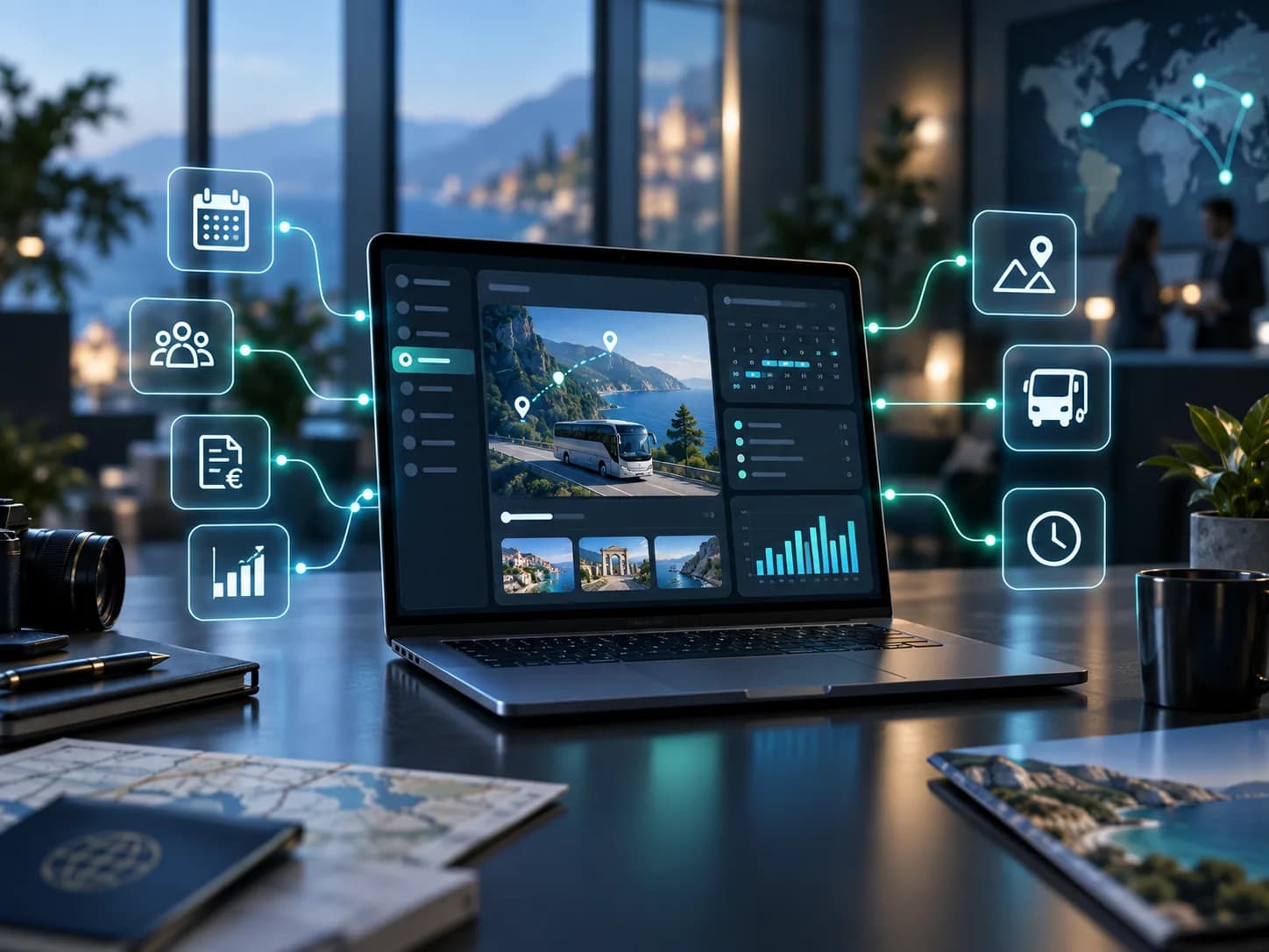 Buchungssoftware für Limousinen und Transfers auf einem Laptop, die Buchungen, Kunden, Rechnungen, Transport und Berichte verbindet, daneben Reisepass und Karte auf dem Schreibtisch