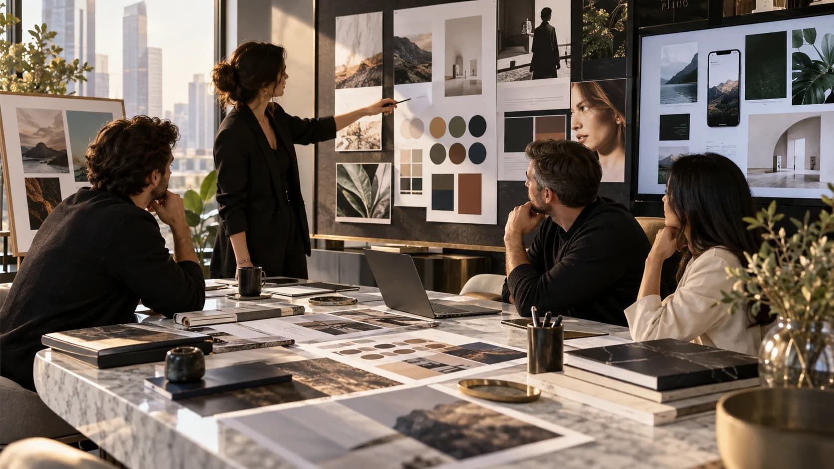 A creative team reviewing a brand moodboard of photography, colour palettes and layouts