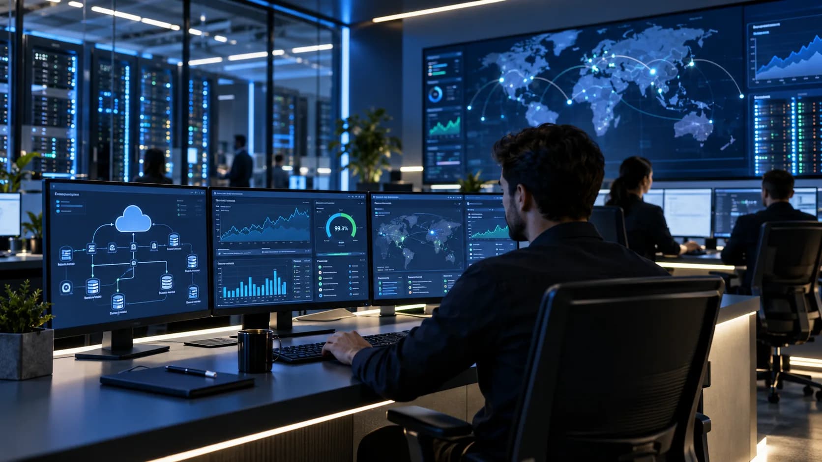 A cloud operations team monitoring infrastructure health and uptime on a wall of dashboards
