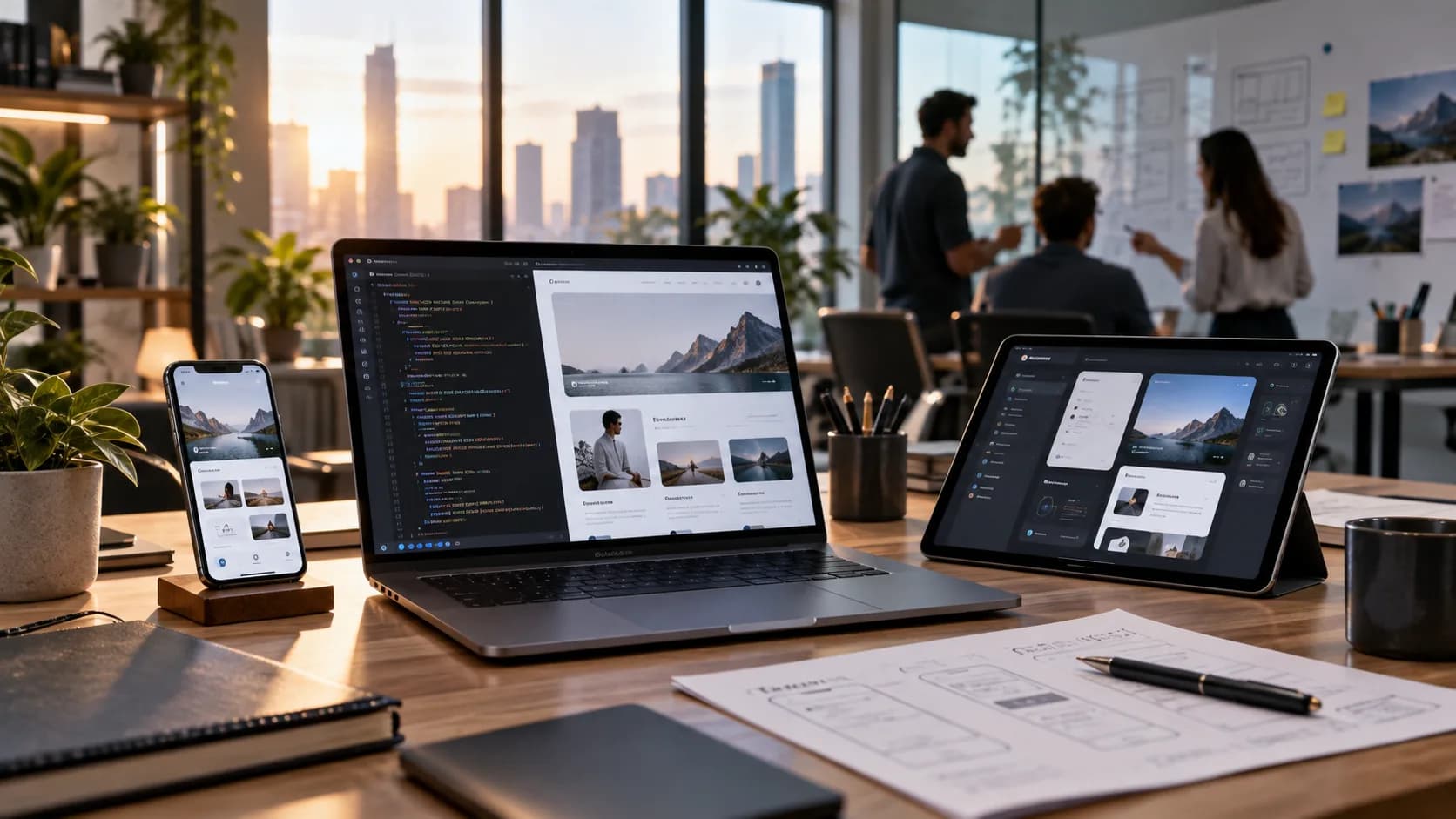 A product team designing and building a website and mobile app across laptop, phone and tablet